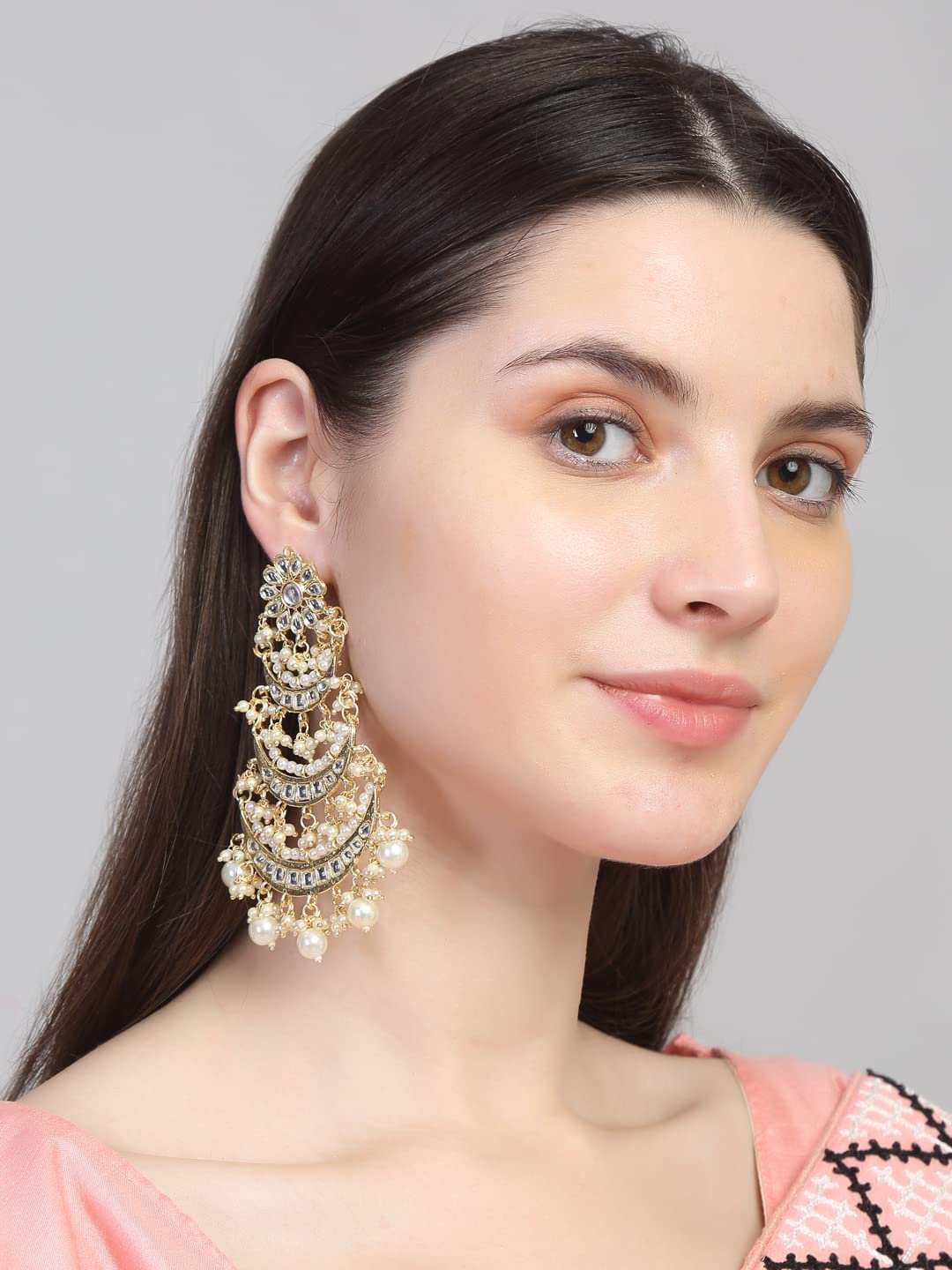 Yellow Chimes Chandbali Earrings for Women Gold Plated Kundan Studded 3 Layered Lond Chand bali Earrings for Women and Girls