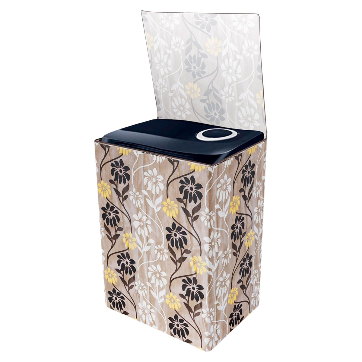 Kuber Industries Washing Machine Cover | Golden Flower Print Washing Machine Cover | Knitting Polyester | Top Load Semi-Automatic Washing Machine Cover | Brown
