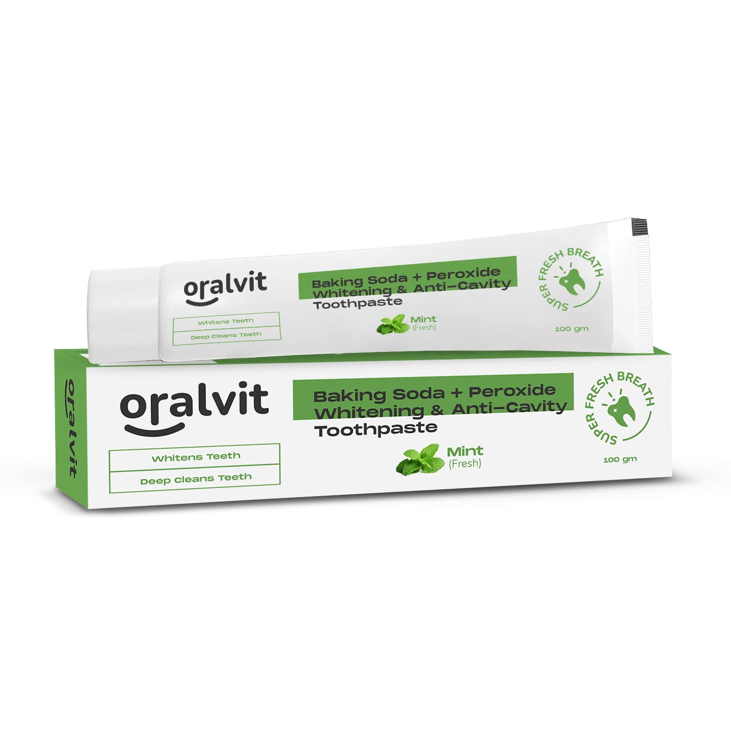 Oralvit Baking Soda and Peroxide Toothpaste for Whitening & Anti-Cavity | Toothpaste with Fresh Mint | Deep Cleanse |Super Fresh Breath | Extreme Whitening– 100gm Mint Flavour