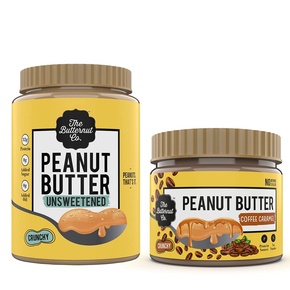 The Butternut Co. Natural Peanut Butter (Crunchy) 1kg & The Butternut Co. Coffee Caramel Peanut Butter Crunchy 340 gms | No Refined Sugar | Gluten Free | High Protein Peanut Butter