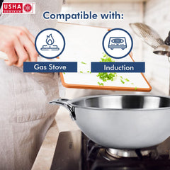 USHA SHRIRAM Triply Stainless Steel Kadai with Lid | 24 cm Diameter | 2.6 L Capacity | Stove & Induction Cookware | Heat Surround Cooking | Triply Stainless Steel cookware with lid