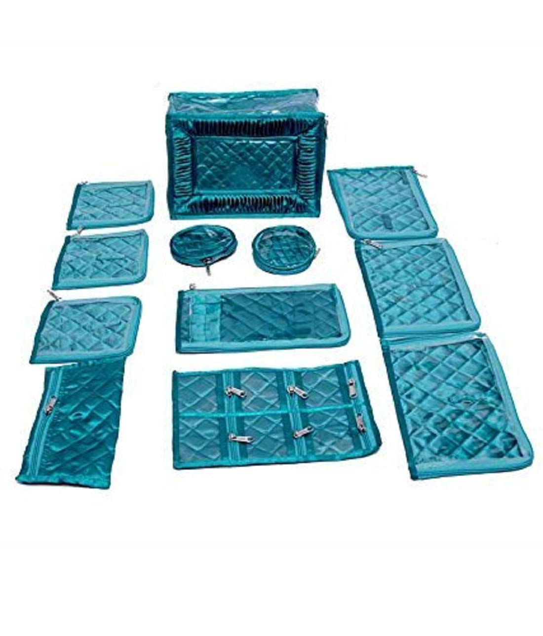 Kuber Industries Satin Jewellery Kit With 12 Pouches|Transparent Pouches With Box|Different Size & Shape|Size 11 x 25 x 16 CM (Green)