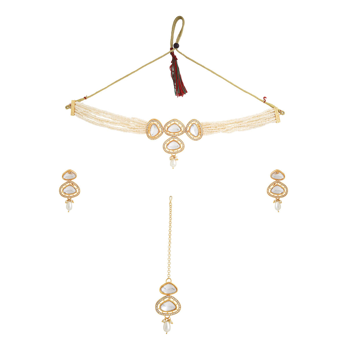 Yellow Chimes Jewellery Set for Women and Girls Kundan Necklace Set Gold Plated Kundan Studded White Beads Beaded Choker Necklace Set | Birthday Gift for girls and women Anniversary Gift for Wife