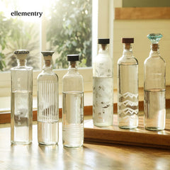 Ellementry frosted chevron glass bottle with brown wood stopper| 750 ml | Clear | Water Bottle | Milk Bottle | Juice Bottle | Cocktail Bottle | Handcrafted | Sustainable | Food Safe | Fusion |