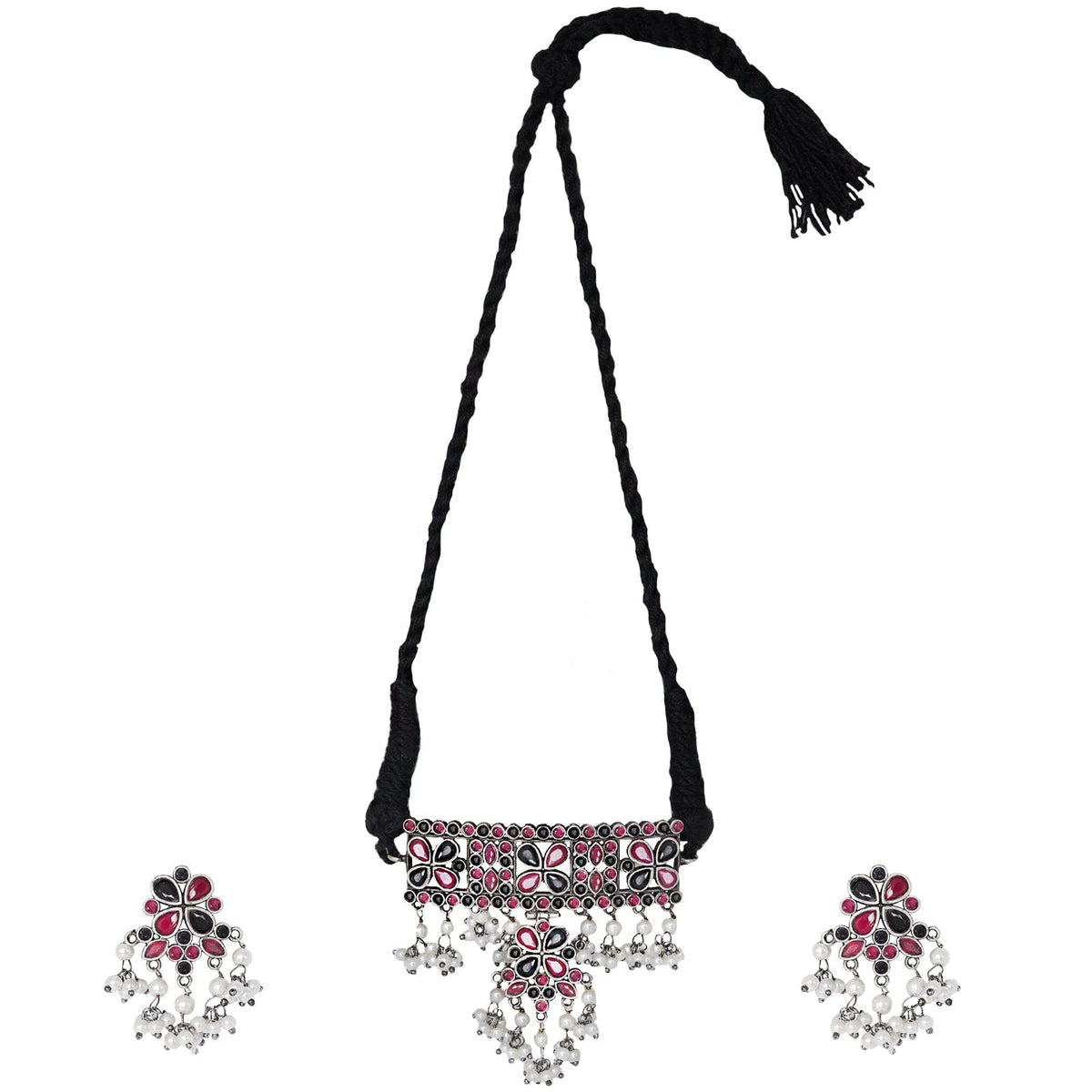 TEEJH Suvarna Red and Black Silver Oxidised Necklace Set