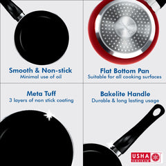 USHA SHRIRAM Non Stick Frying Pan (26cm) | Stove & Induction Cookware | Minimal Oil Cooking | Easy Grip Handle | 3 Layer Non Stick Coating | Non-Toxic & Lightweight | Red Colour