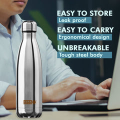USHA SHRIRAM Insulated Stainless Steel Water Bottle | Hot for 18 Hours, Cold for 24 Hours | Water Bottle for Home, Office & Kids | Rust-Free, Durable & Leak-Proof | Silver (1L, 6)