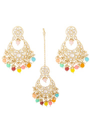 Yellow Chimes Earrings for Women Gold Toned Kundan Studded Multicolor Beads Drop Chandbali Designed Earrings and Maang Tikka Set for Women and Girls