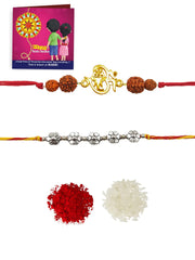Yellow Chimes Set of 2 Pcs Handmade Dori Worked Silver and Gold Toned OM and Floral Design Rudraksh Rakhi for Brother with Roli & Chawal, Red, Silver, Gold, Medium (YCTJRK-06BHAY-SLGL) for Men