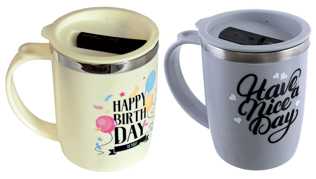 Kuber Industries Insulated BPA Free Plastic Coffee Mug with Lid, Pack of 2 (Grey & Cream)