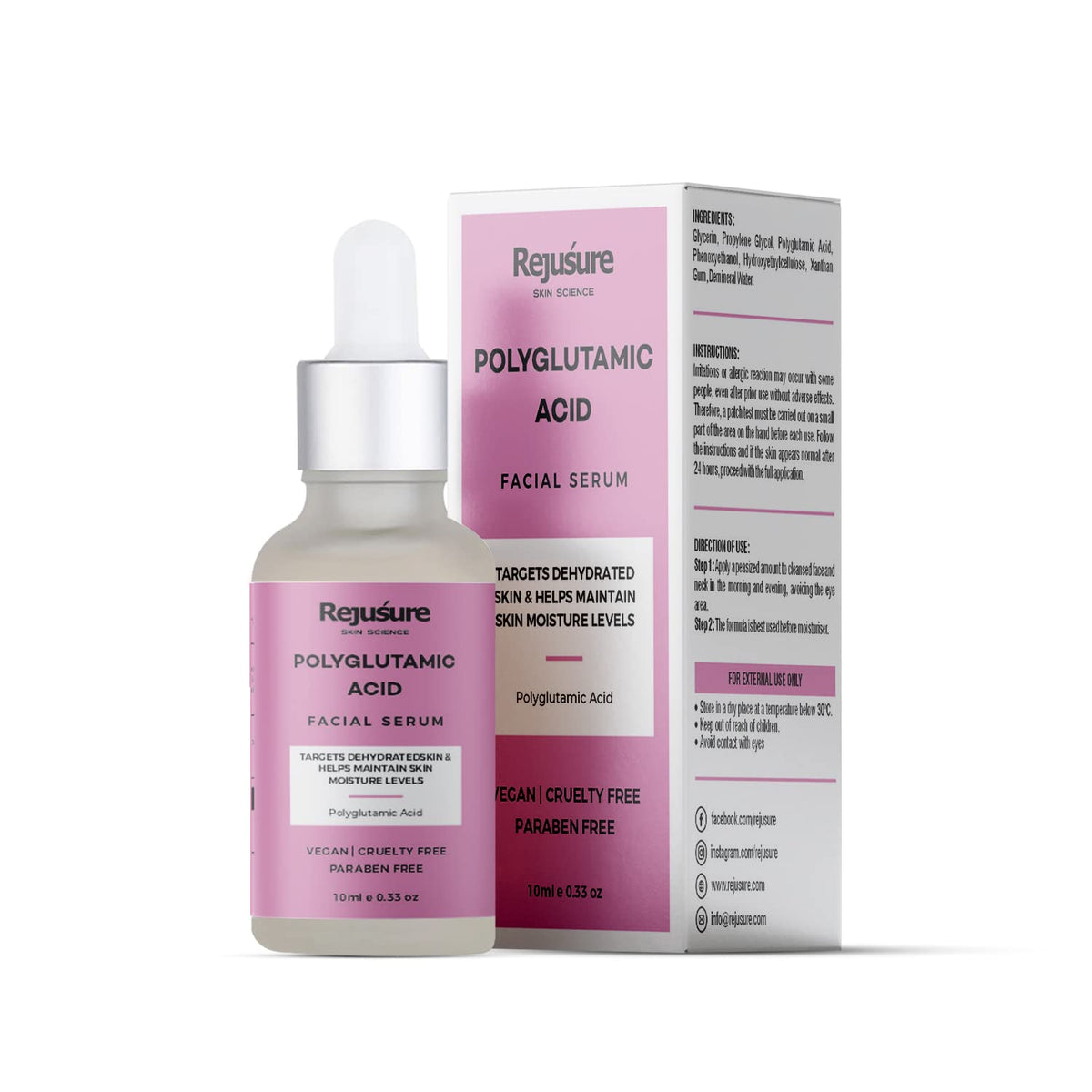 Rejusure Polyglutamic Acid Face Serum - Intense Hydration and Moisture Retention | For Men & Women | Cruelty Free & Dermatologist Tested - 10ml