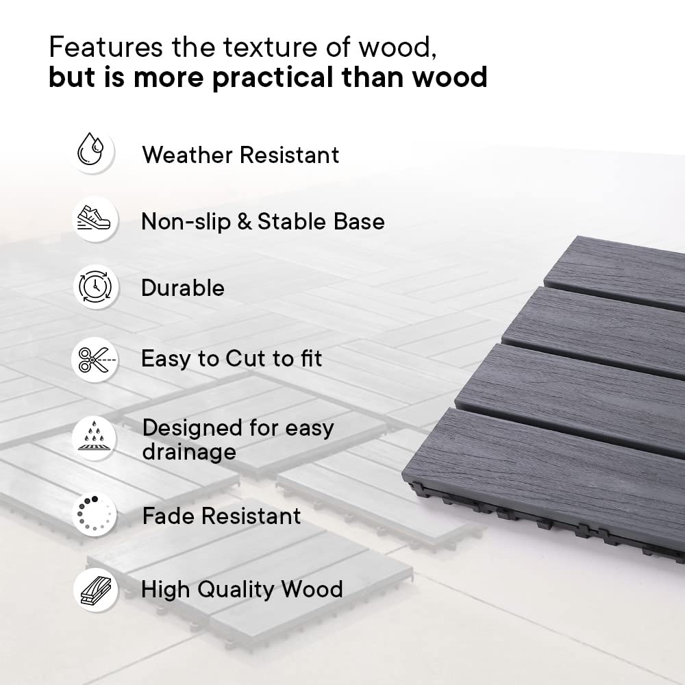 Cheston Interlocking Tiles I Wooden Floor Sheets I Interlocking Tiles for Indoor/Outdoor I Weather & Water Resistant I Flooring Solution I 12" X 12" Deck Tiles (Set of 12, Dusk Grey)