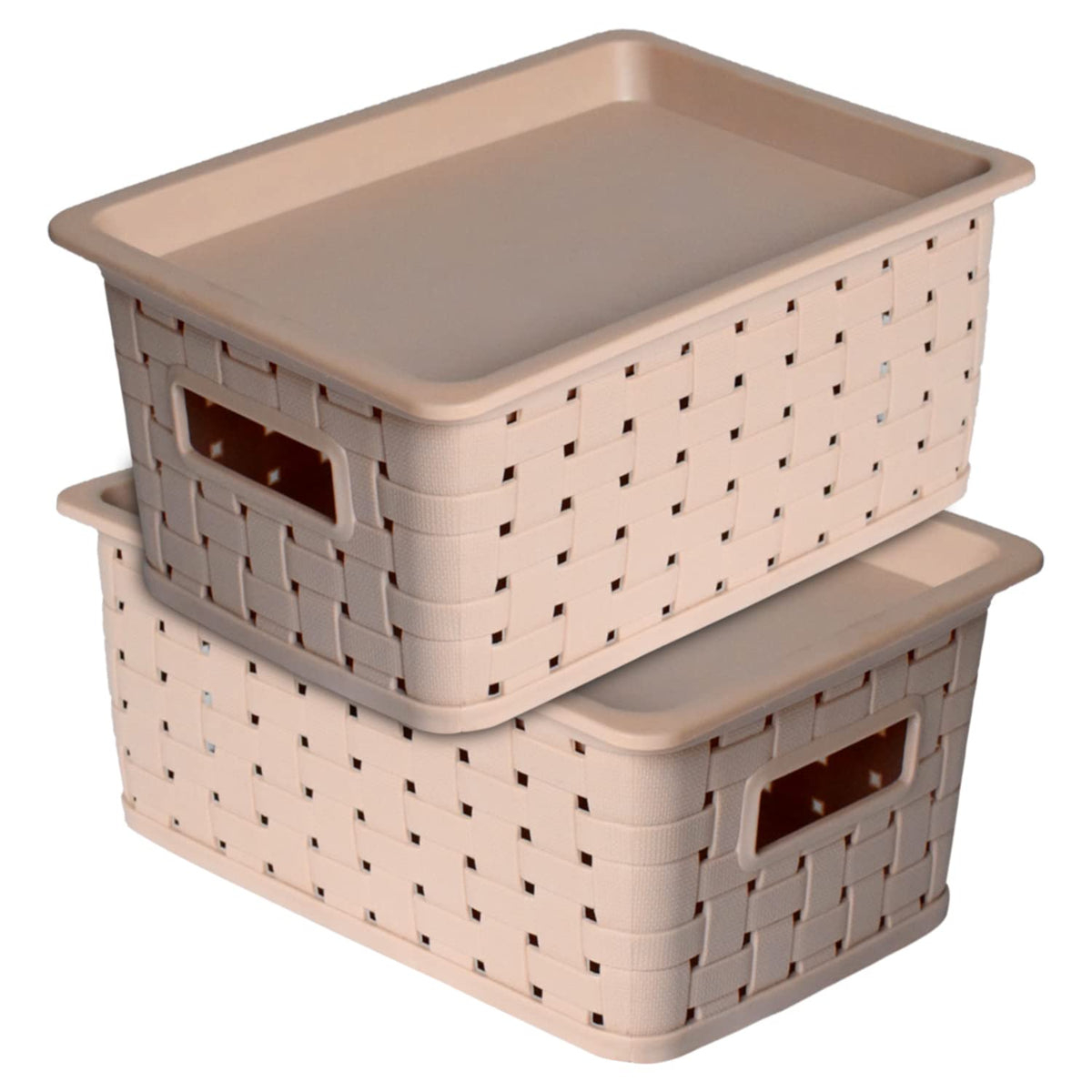 Kuber Industries BPA Free Attractive Design Multipurpose Large Trendy Storage Basket With Lid|Material-Plastic|Color-Light Brown|Pack of 2