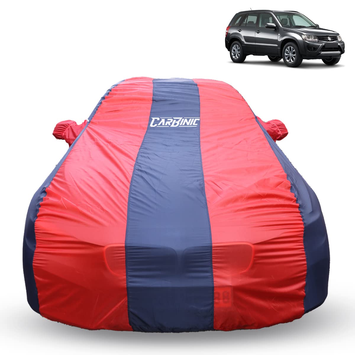 CARBINIC Car Body Cover for Maruti Grand Vitara 2022 | Water Resistant, UV Protection | Scratchproof Body Shield | Dustproof All-Weather Cover | Mirror Pocket & Antenna | Car Accessories, Blue Red