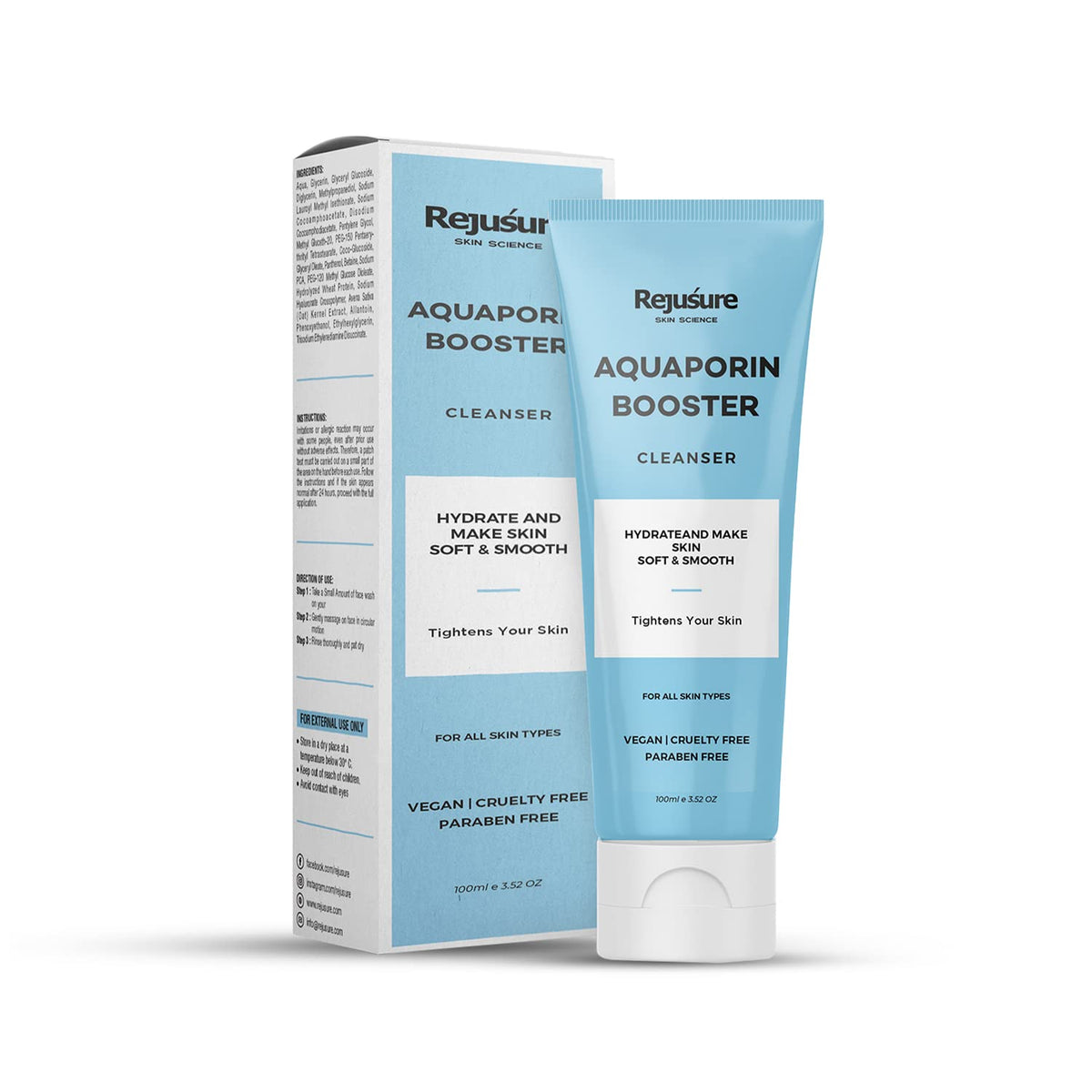 Rejusure Aquaporin Booster Cleanser for Hydrating, Moisturizing & Non-irritating | Dry & Normal Skin | For Men & Women | Cruelty Free & Dermatologist Tested – 100 ml