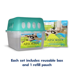 Absorbia Moisture Absorber | Absorbia Reusable Box w/Refill - Pack of 12 (800ml) | Dehumidifier for Basement, Storerooms, Spare Rooms Lofts | Fights Against Moisture, Mould, Fungus Musty Smells