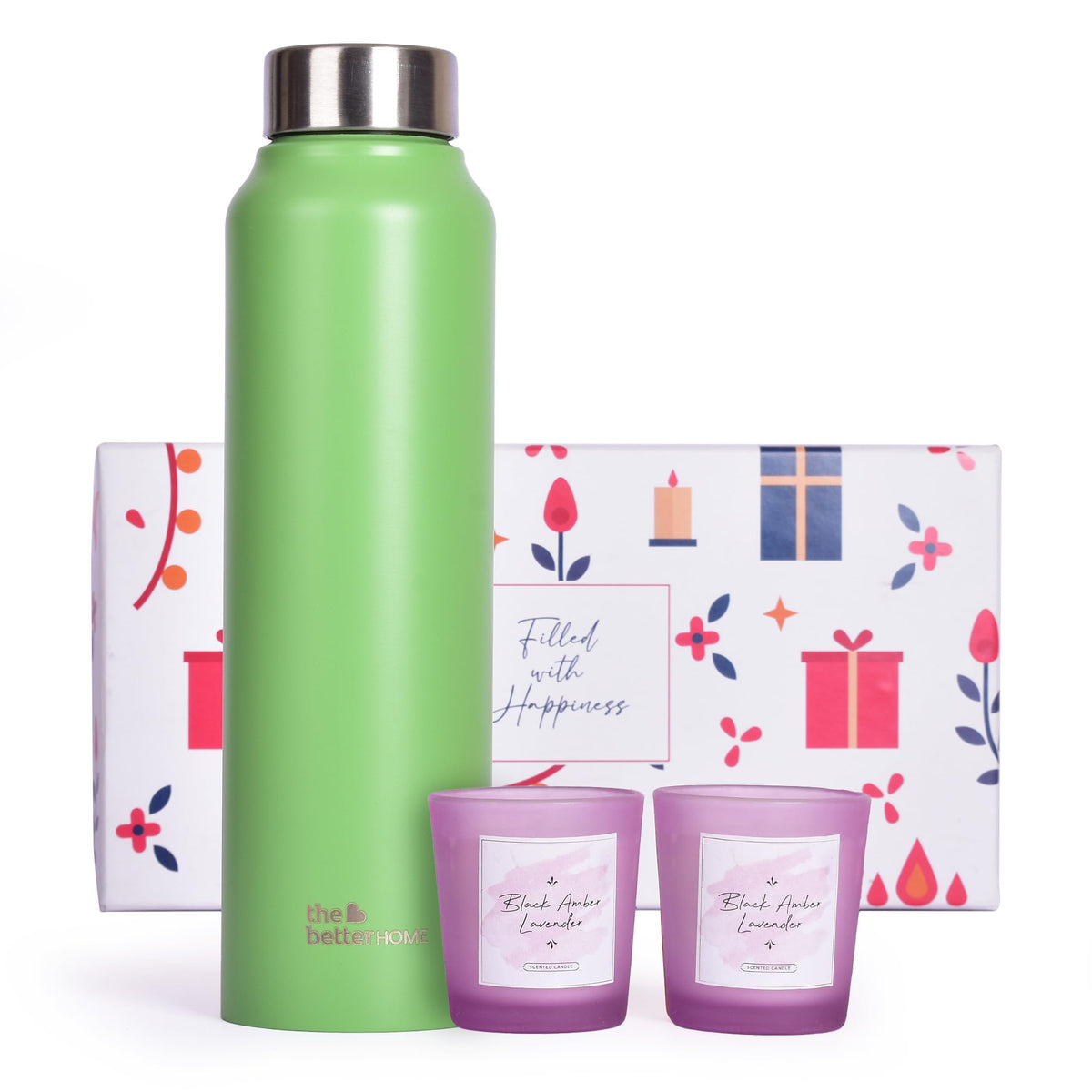 Gleevers Gift for Housewarming, Diwali | Gift Box of 3 with Steel Bottle(Green, 1 LTR) & 2 Candles (60g) | Gift for Housewarming, Secret Santa Gifts