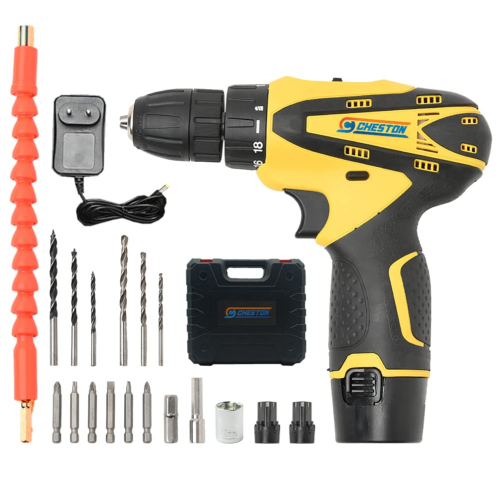 Cheston Cordless Drill Driver Kit with 24 accessories for drilling in Wall,Wood,Metal and Screwdriver 10 mm Keyless Chuck with 2 batteries LED torch Reversible Variable Speed and Torque Setting (19+1)