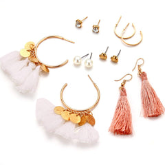 Yellow Chimes 6 and 9 Pairs Assorted Multiple Stud Earrings Big Hoop Tassel Drop Pearl Earrings for Women and Girls (Pearl Stud Tassel)