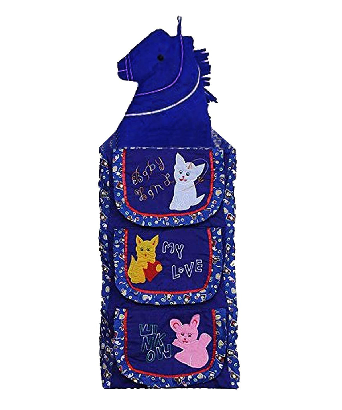 Kuber Industries Printed Horse Design Cotton Three Cabinet Baby Almirah, Kids Wardrobe, Cloth Organizer, Folding Almirah, Toy Box (Blue) - CTKTC031006