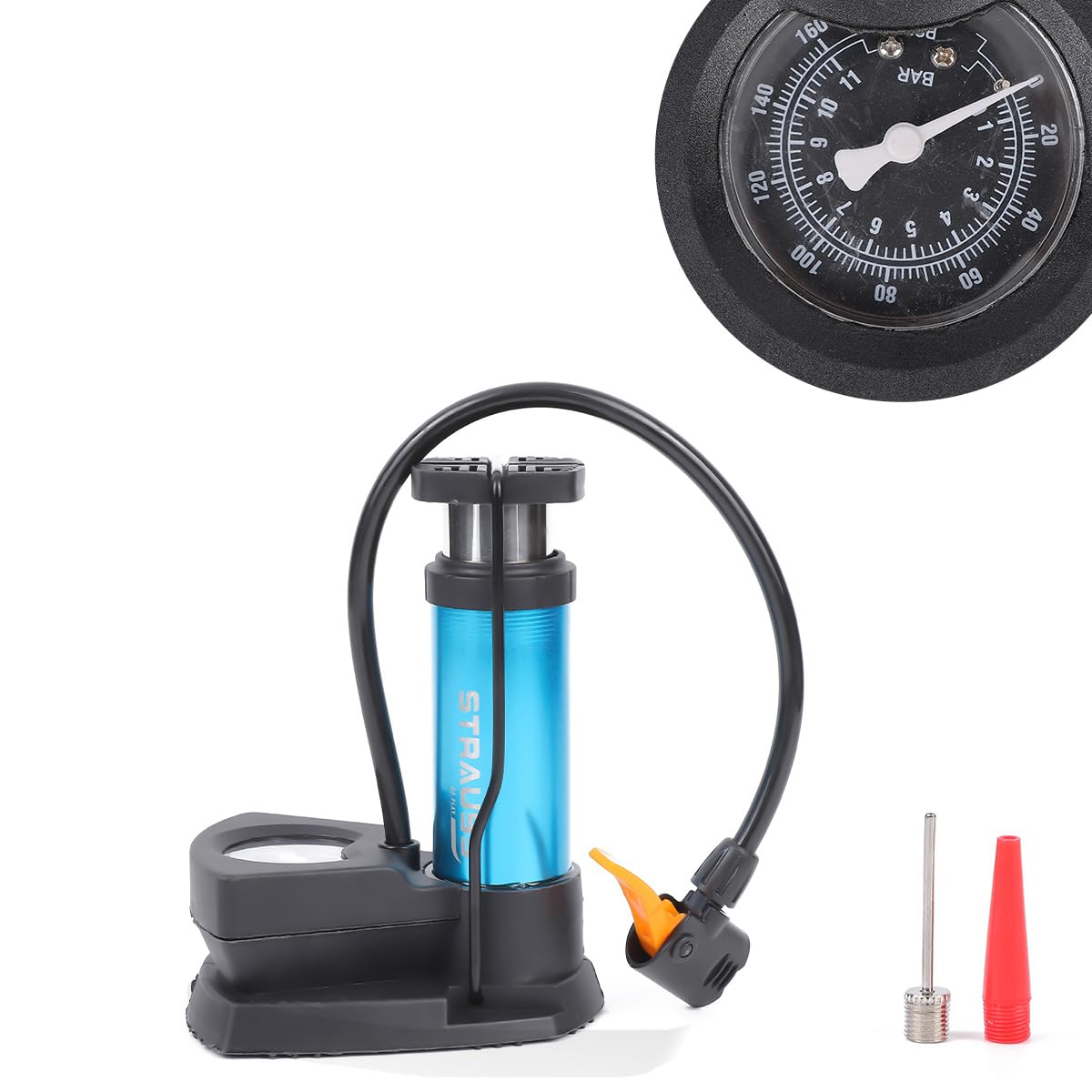 Strauss Portable High Pressure Foot Air Pump with Needle | Lightweight Compressor Air Pump for Car,Bike,Bicycle,Football,Scooter | Extra Pressure Gauge |Pump Fits Universal Presta and Schrader,(Blue)