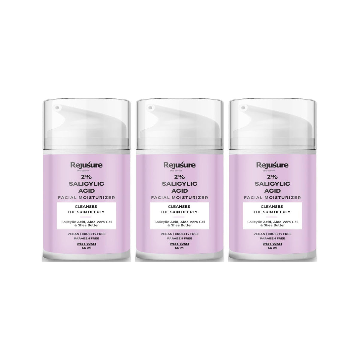 Rejusure 2% Salicylic Acid Moisturizer | Fights Breakout & Blackheads & Excess Oil | Cream for Face - 50ml (Pack of 3)