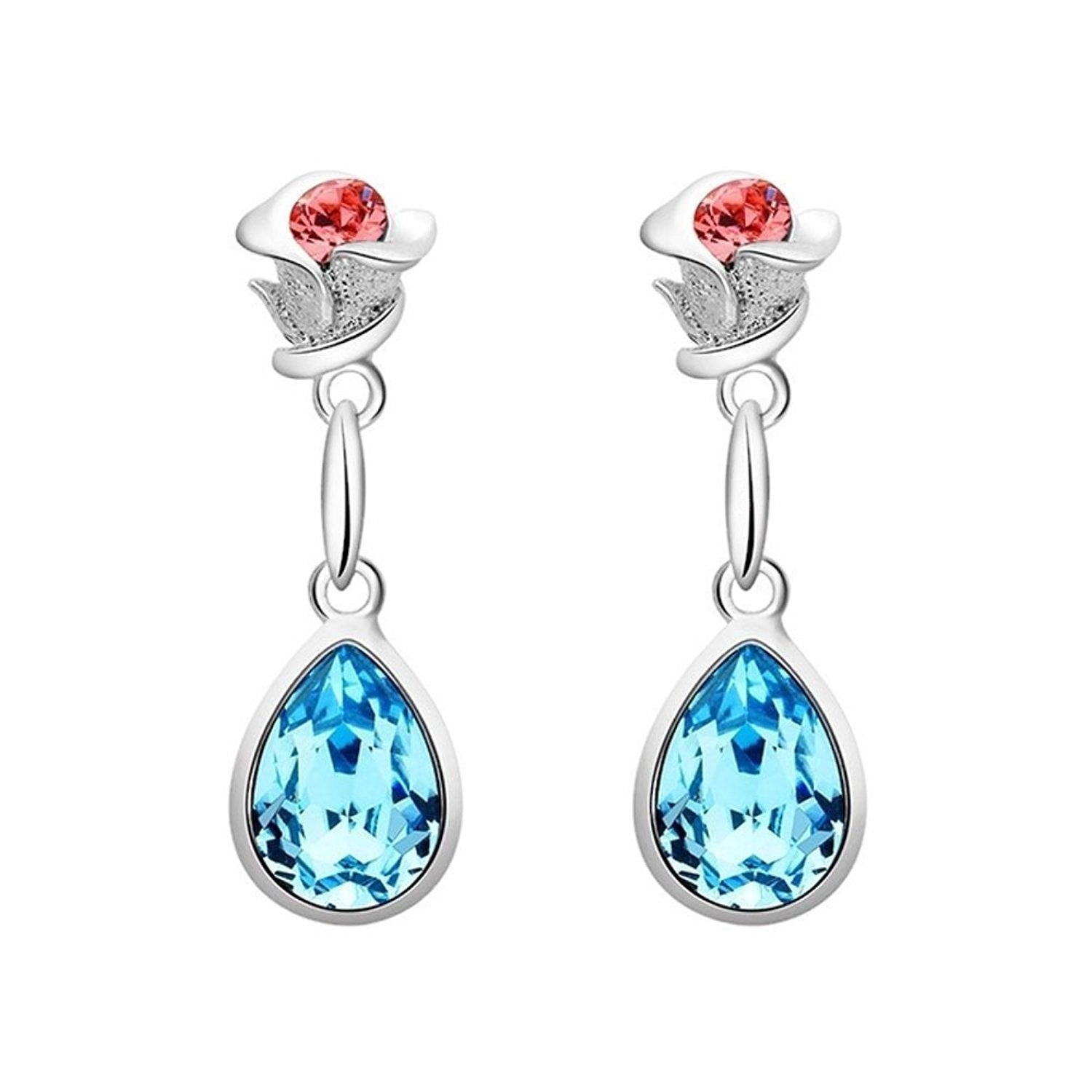 Yellow Chimes Crystals from Swarovski Silver Blue Flower Crystal Designer Studs Earrings for Women and Girls