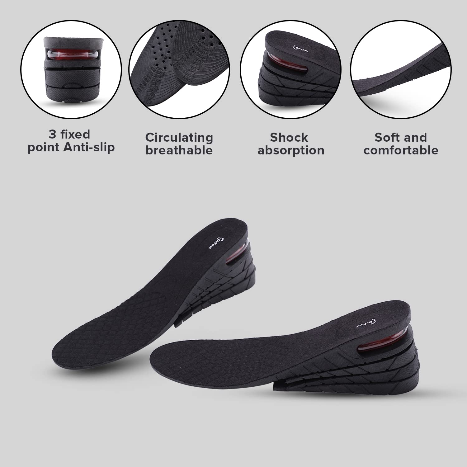Dr Foot Height Increase Insoles | Soft, Comfortable & Breathable Fabric With Air Cushions | 4 Layer 4-Layer Orthotic Boosting Lifts Soles – For Men & Women - 1 Pair