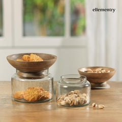 Ellementry Twain Glass Jar with Wooden Bowl (Large) | Clear Glass Storage Jar with Lids | Airtight Jars for Spices, Coffee Beans, Snacks | Multipurpose Glass Container Jar for Kitchen (Pack Of 4)