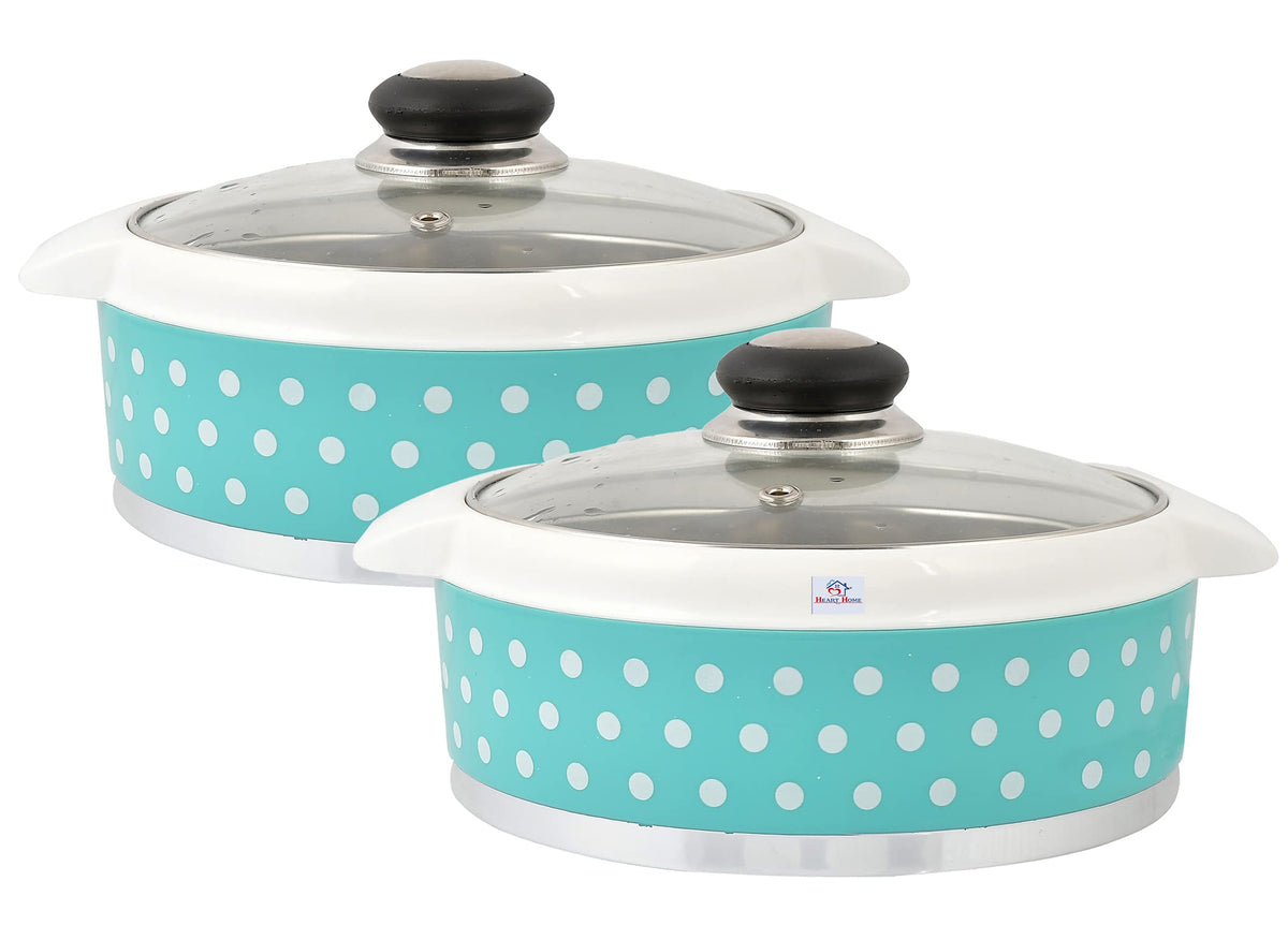 Heart Home Dot Printed Inner Steel Casserole with Toughened Glass Lid, 1500ml- Pack of 2 (Green)-HS42KUBMART25003