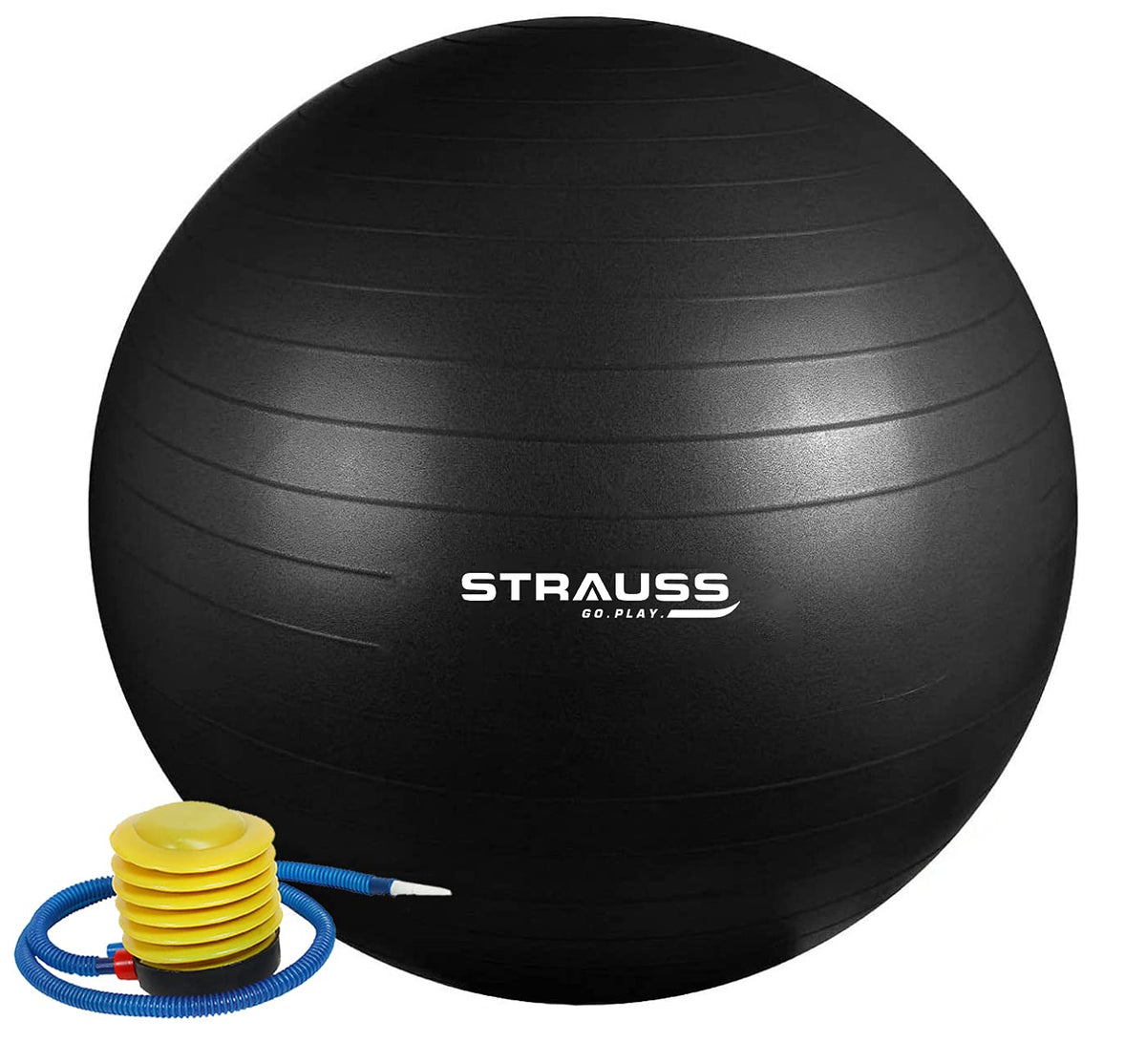 STRAUSS Anti-Burst Rubber Gym Ball with Free Foot Pump | Round Shape Swiss Ball for Exercise, Workout, Yoga, Pregnancy, Birthing, Balance & Stability, 75 cm, (Black)