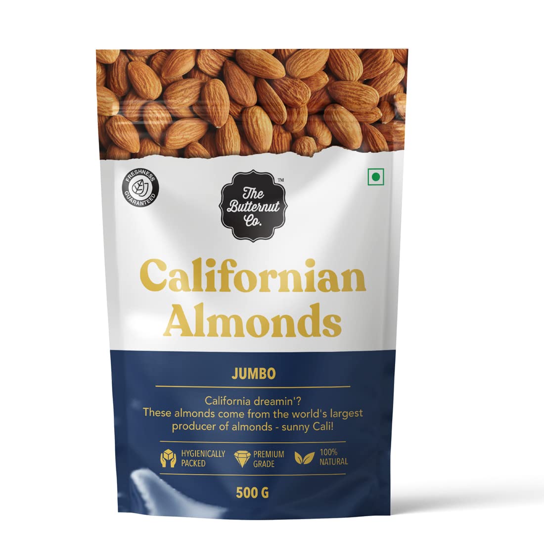 The Butternut Co. Natural Premium California Almonds Jumbo Size 500g | 100% Natural | High Protein & High Fiber | Gluten Free | Whole Natural Badam