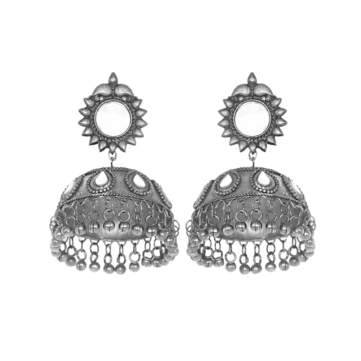 Teejh Saiyra Silver Oxidised Mirror Jhumkis For Women