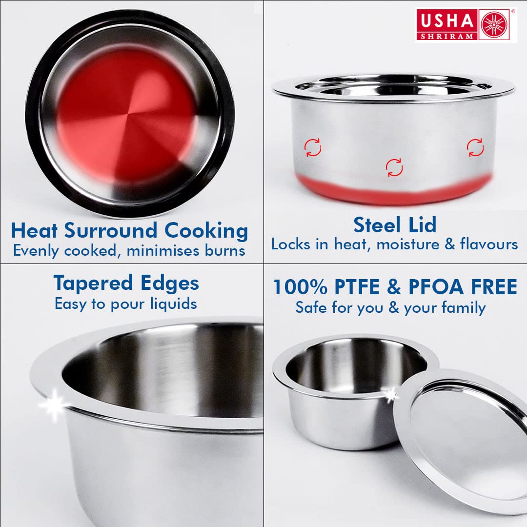 USHA SHRIRAM Triply Stainless Steel Tope (Patila) with Lid | Handi Casserole with lid | 1.5 L | 16 cm Diameter | 100% PTFE and PFOA Free | Gas Stove & Induction Cookware | Stainless Steel Cookware