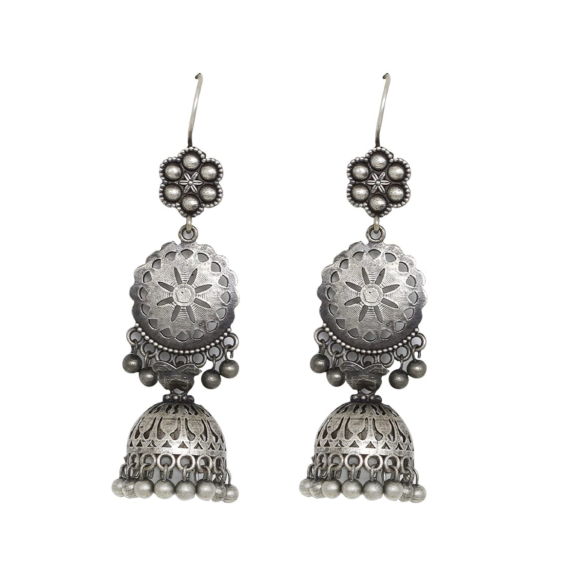 Teejh Anushreya Floral Silver Oxidised Jhumki for Women