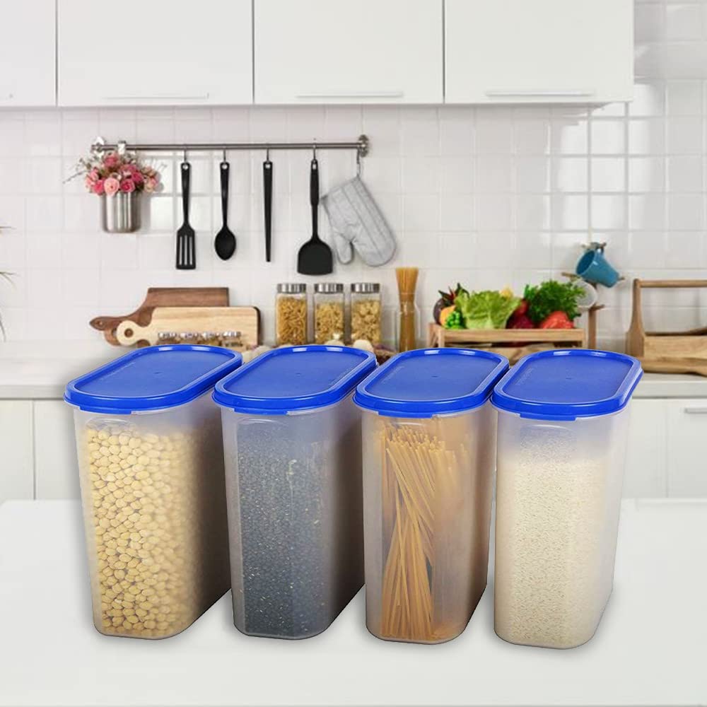 Kuber Industries Plastic Storage Containers With Lid I Set of 4, 1600 ml | Airtight, Stackable, Spill-proof, Travel-friendly | Transparent with Blue Lid | For Dry & Wet Foods, Cereals, Dryfruits