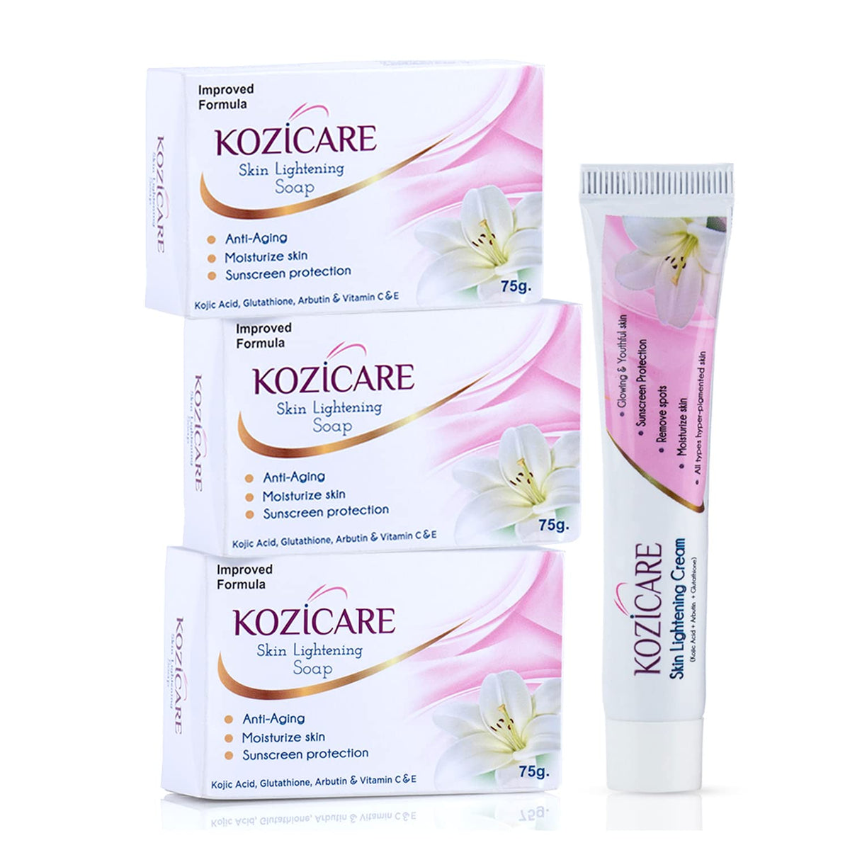 Kozicare Skin Lightening Facial Kit | 3 Soap + 1 Cream Pack | For Lightening & Brightening Skin | Contains Goodness of Kojic Acid, Arbutin, Glutathione