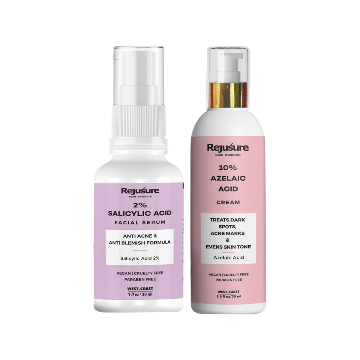 Rejusure Skin Clearing Duo | 2% Salicylic Acid Facial Serum (30ml) & 10% Azelaic Acid Cream (50ml) - Powerful Acne and Blemish Treatment Combo for Radiant Skin