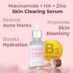 Prolixr 10% Niacinamide + 1% Hyaluronic Acid + Zinc Skin Clearing Face Serum | Acne Marks & Blemishes | Oil Balancing - 30+30 ml (pack of 2)