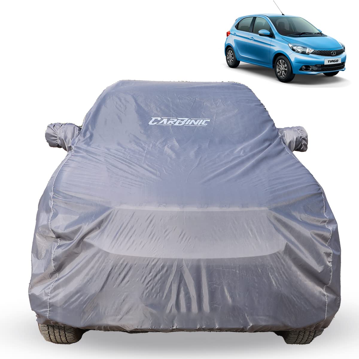 CarBinic Car Cover for Tata Tiago 2021 Water Resistant (Tested) and Dustproof Custom Fit UV Heat Resistant Outdoor Protection with Triple Stitched Fully Elastic Surface | Grey with Pockets