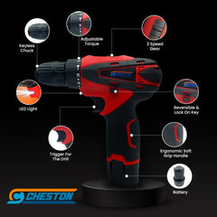 Cheston 12V Cordless Drill Machine Screwdriver Kit | 10mm Keyless Chuck | Lithium-ion 1500 MAH Batteries | Torque setting (18+1) |1500 RPM | Reversible Variable Speed | With Carrying tool kit case