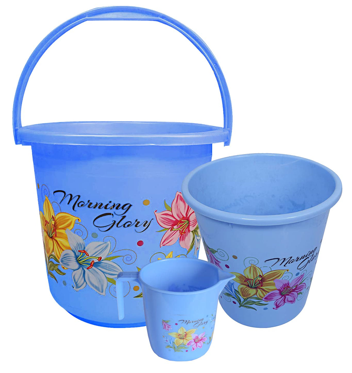 Kuber Industries Printed 3 Pieces Plastic Bucket, Mug & Dustbin Set (Blue)