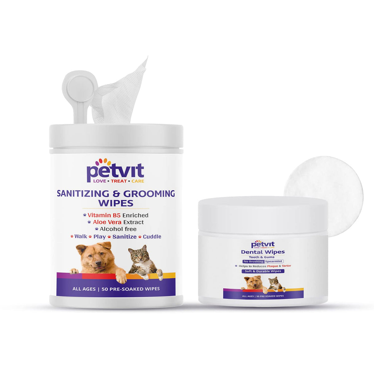 Petvit Cleansing & Grooming Wipes for Dog and Cat Enriched with Vitamin B5 and Aloe Vera - 50 Wipes & Dental Wipes for Teeth Cleaning for All Breed Dog & Cat - 50 Wipes for All Age Group (Combo)