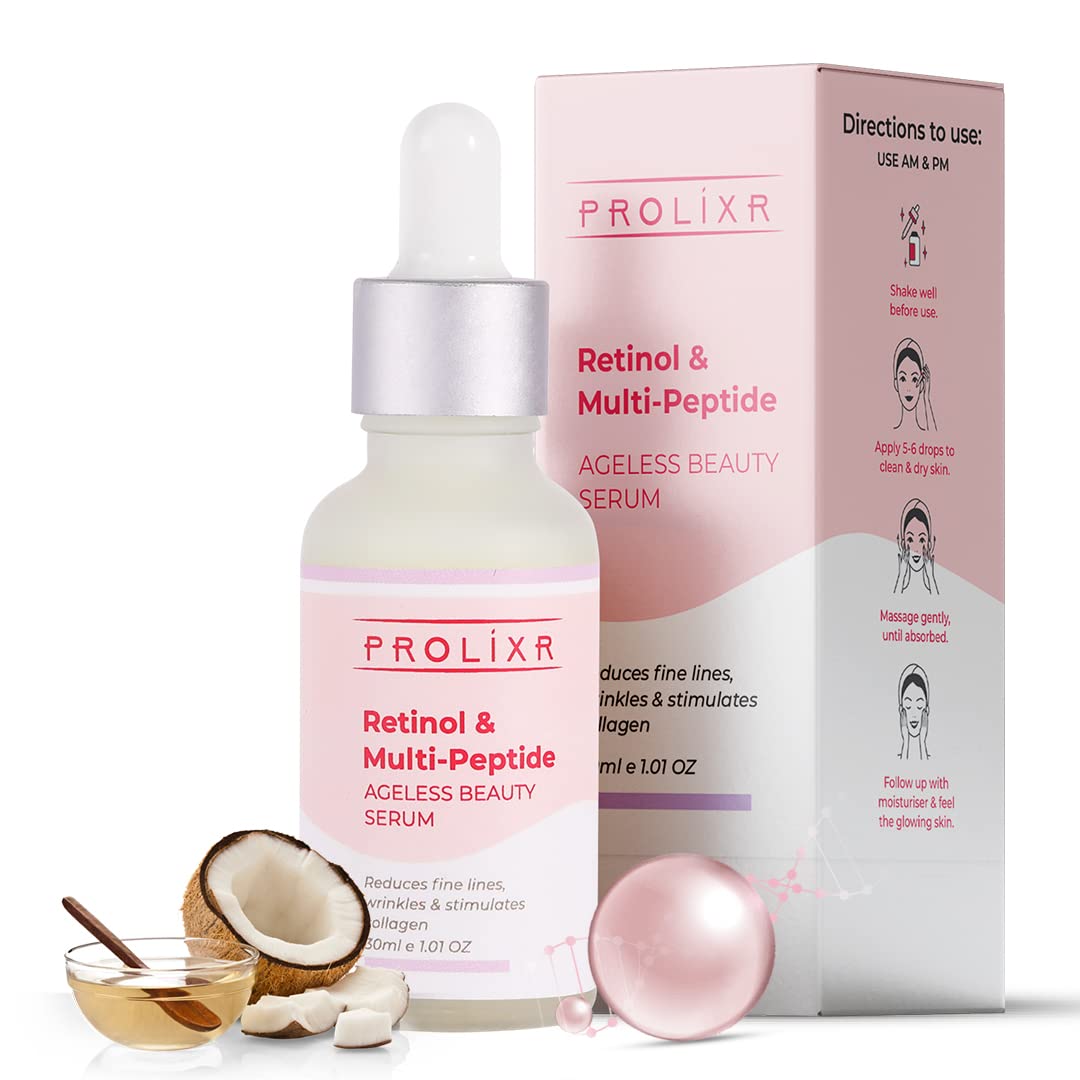 Prolixr Retinol and multi peptide anti-ageing face serum - for younger looking & spotless skin - reduces fine lines & wrinkles - all skin types - 10 ml- travel friendly- mini