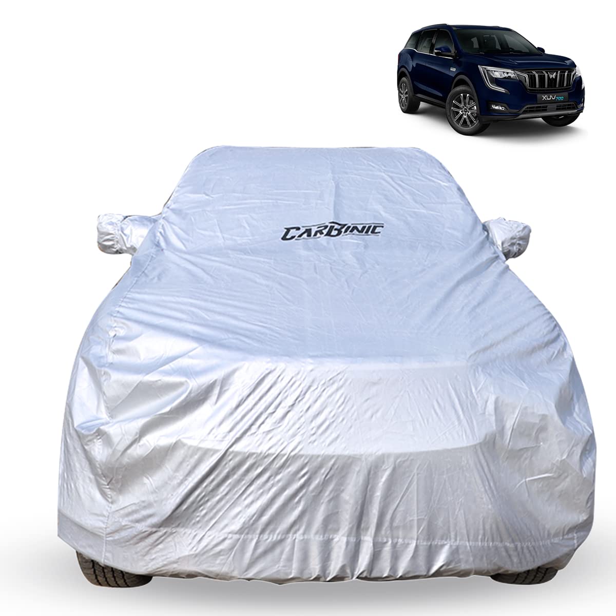 CarBinic Car Cover for Mahindra XUV700 2021 Waterproof (Tested) and Dustproof Custom Fit UV Heat Resistant Outdoor Protection with Triple Stitched Fully Elastic Surface | Silver with Pockets