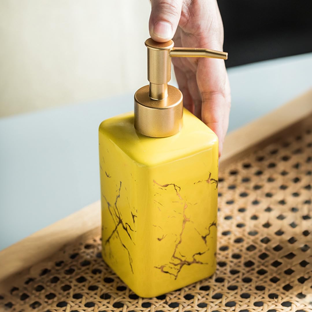 UMAI Liquid Soap Dispenser | Stoneware | Bathroom Sanitizer, Lotion, Shampoo Dispenser | Ceramic Handwash Bottle for Kitchen | Soap Dispenser for Wash Basin | Bathroom Accessories | Yellow | 320 ml