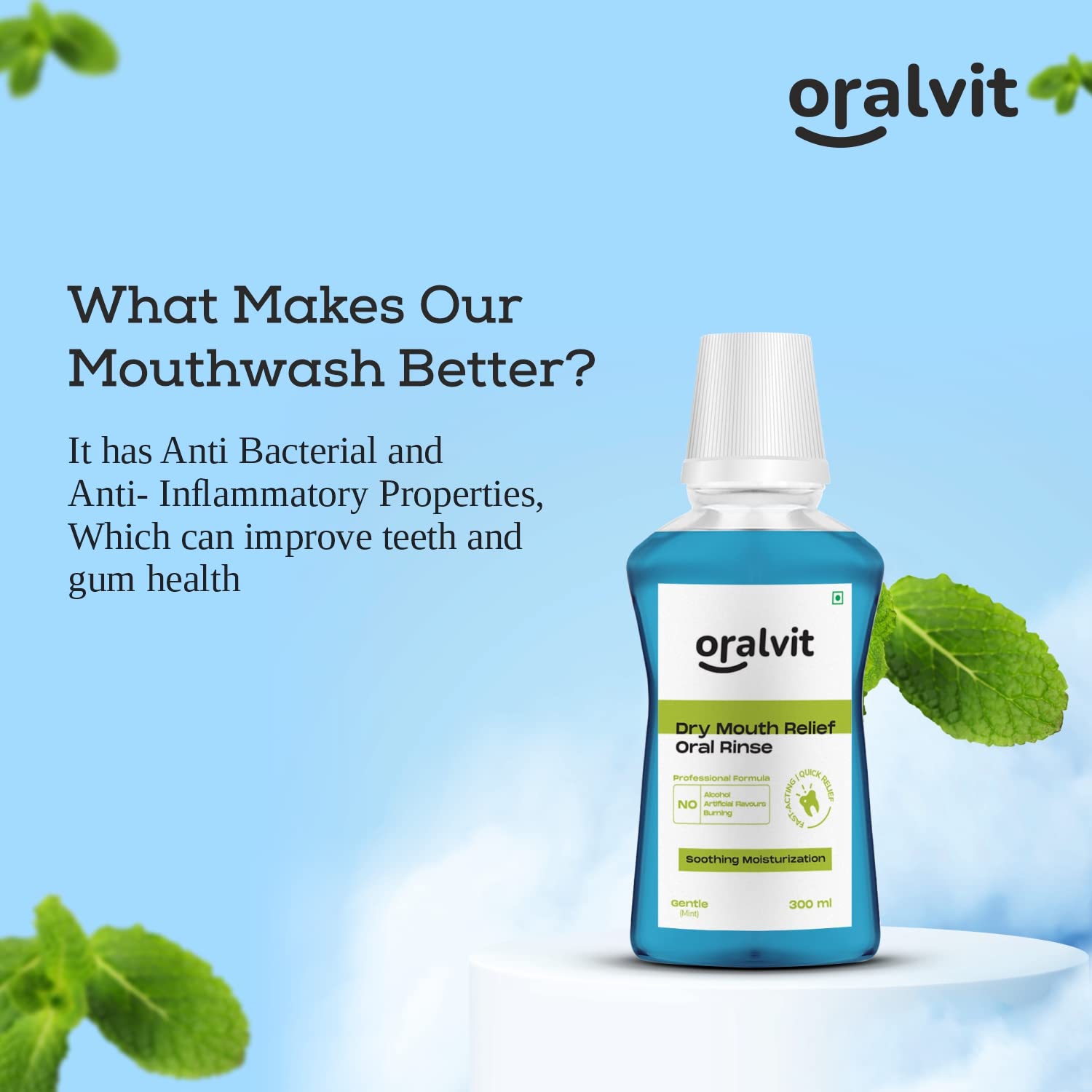 Oralvit Oral Rinse Dry Mouthwash | Prevents Bad Breath | Alcohol-Free, No Burning Sensation, No Artificial Flavour 300ml - Mint Flavour (Pack of 4)