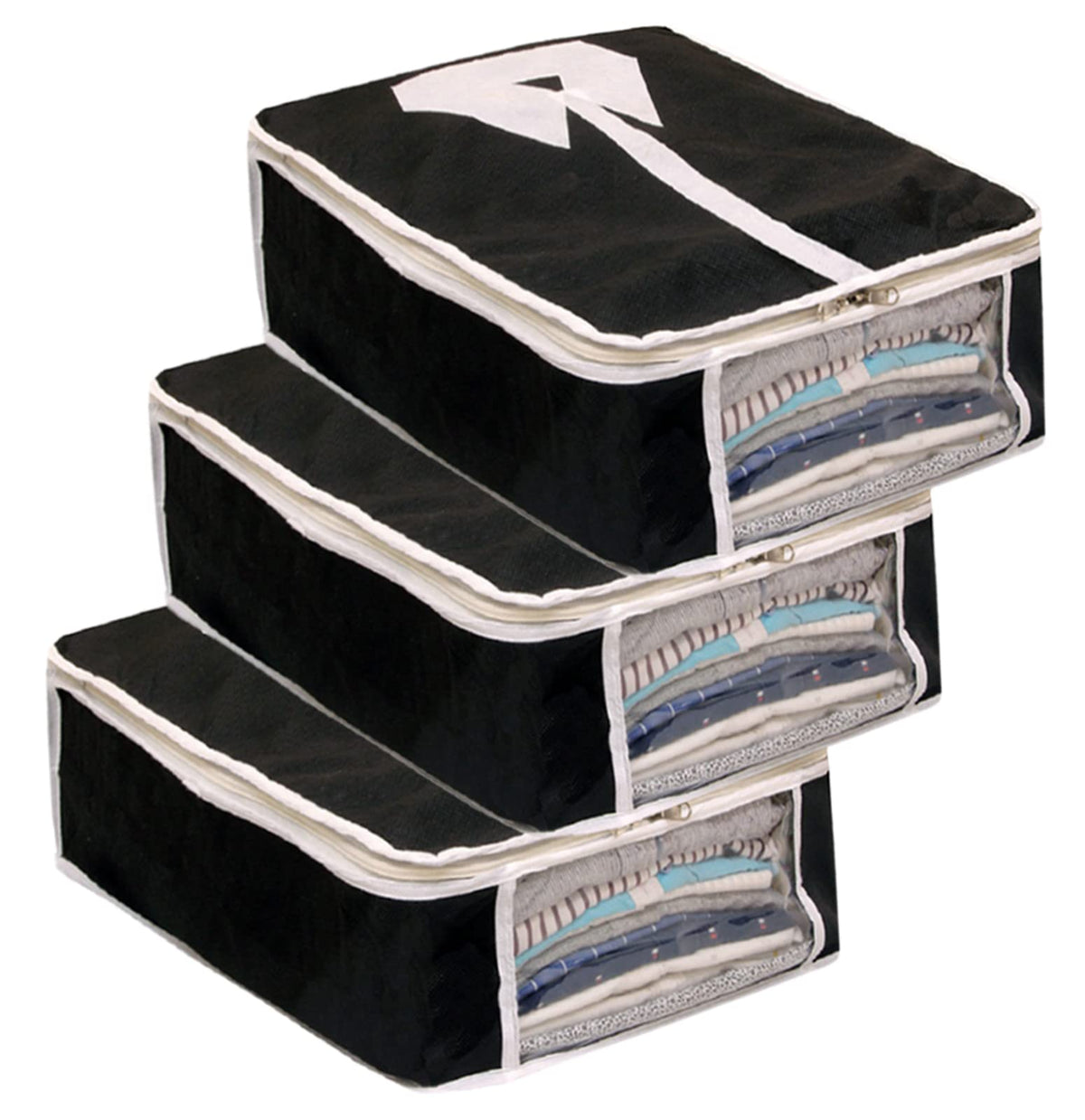 Kuber Industries Foldable Non-Woven Shirt T-shirt Trousers Jeans Organizer With Clear Window- Pack of 3 (Black) -HS43KUBMART26148