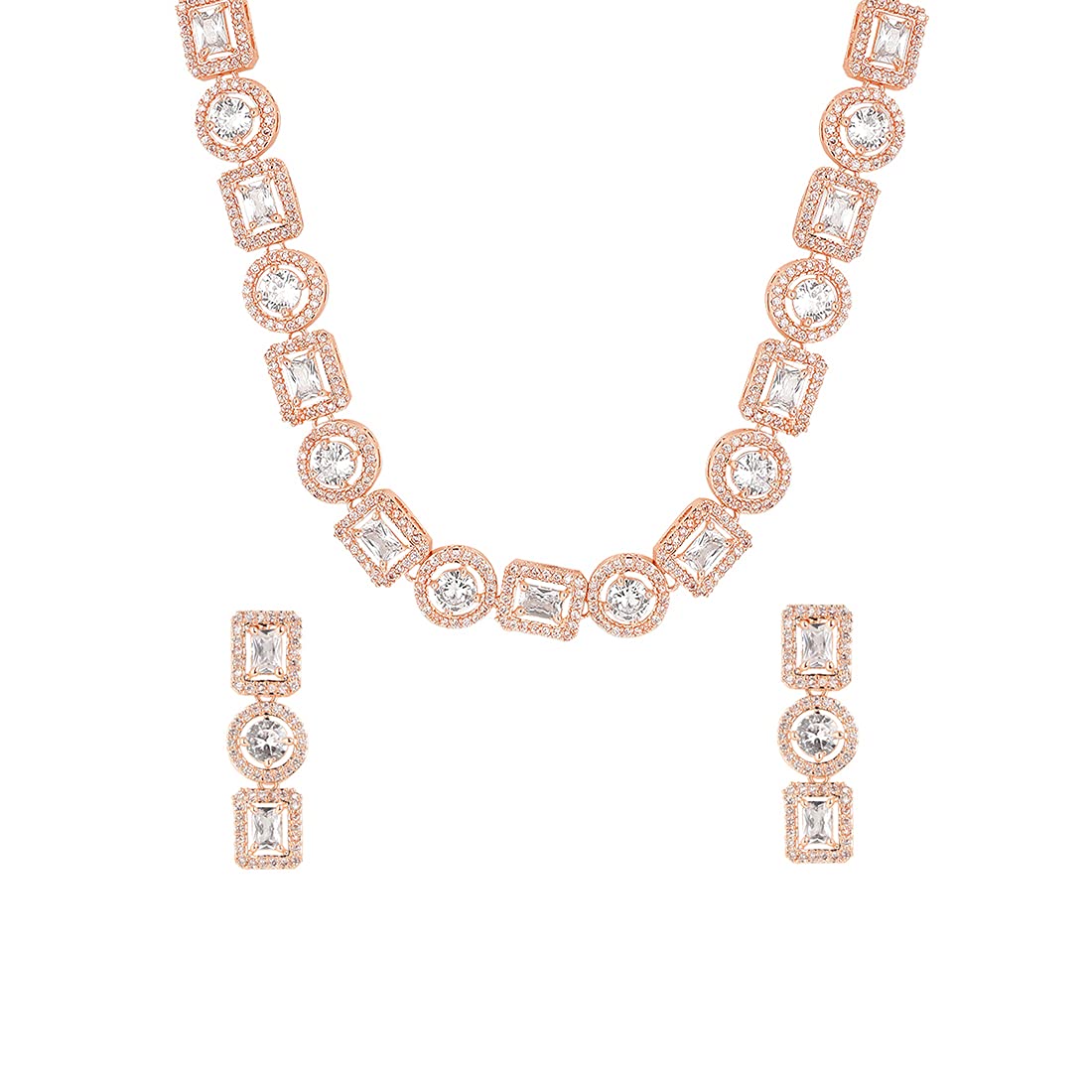 Yellow Chimes Classic AD/American Diamond Studded Rose Gold Plated Square Oval Designed Necklace Set Jewellery Set for Women and Girls, White, Medium (YCADNS-16OVLSQR-RG)