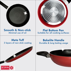USHA SHRIRAM Non Stick Set | Non Stick Tawa | Non Stick Kadai | Non Stcik Frying Pan | Lid (1Pcs) | Stove & Induction Cookware| Multipurpose Lid for Kadhai & Fry Pan (Non Stick Set(with Lid) - Red)